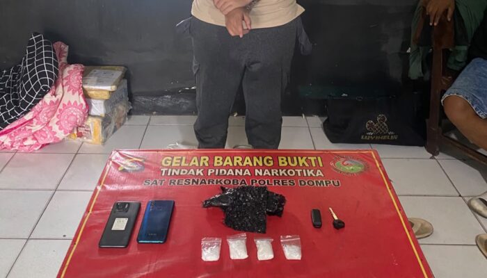 POLRES DOMPU UNGKAP KASUS NARKOTIKA DI KARIJAWA UTARA, 57,28 GRAM SABU DIAMANKAN